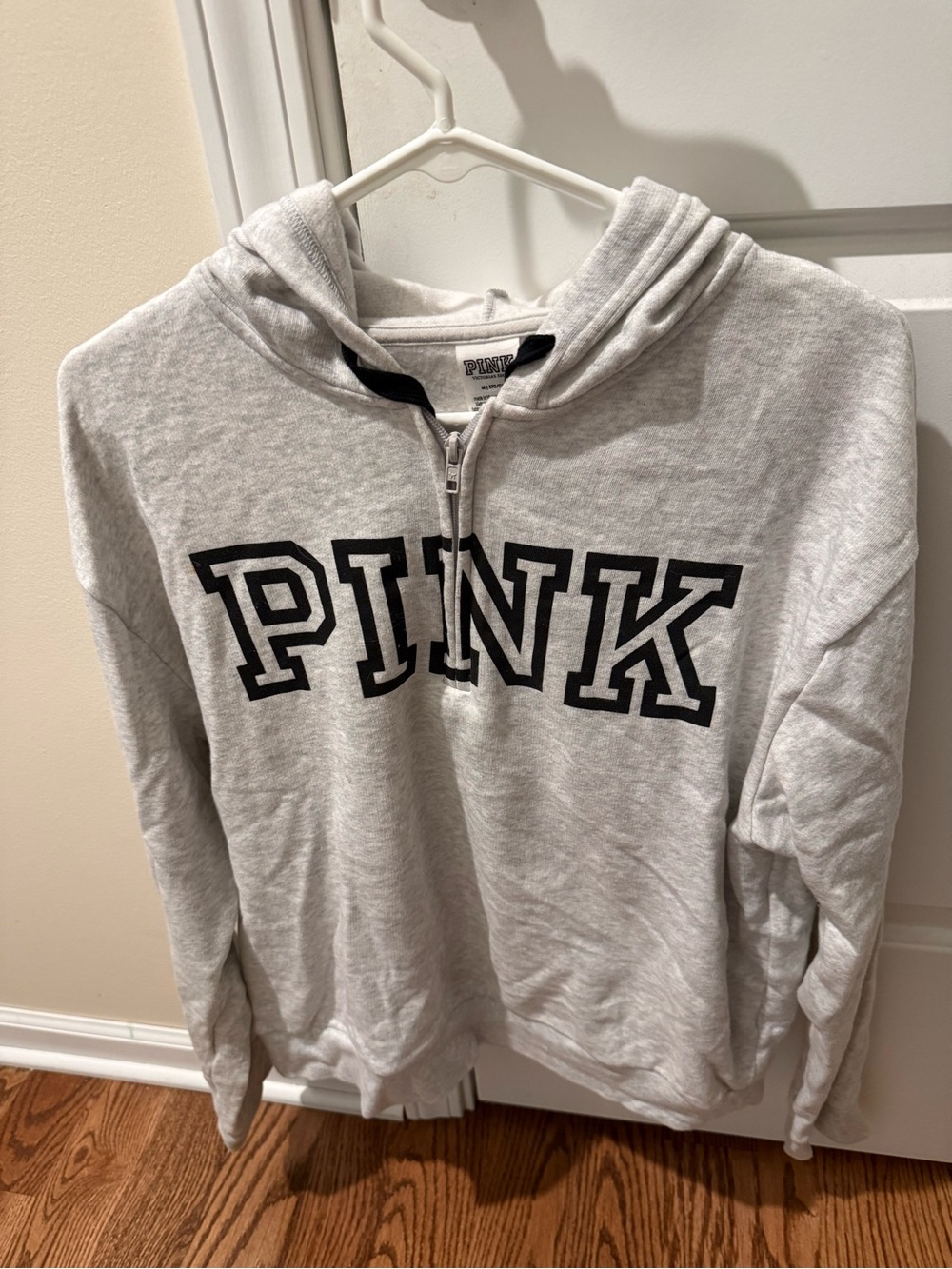 PINK Victoria's Secret Light Gray Half-Zip Hoodie with Black Logo